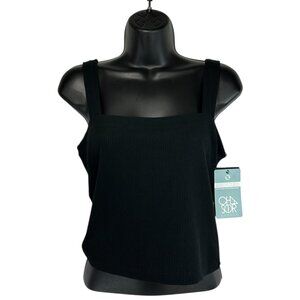 CHASER Crop Tank Top Sz M Black Rib Square Neck Recycled Polyester Rayon Blend